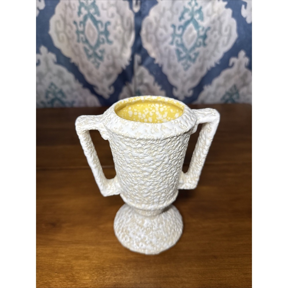 MCM Vintage Pastel Yellow Inside Footed Pottery Trophy Vase Textured Outside